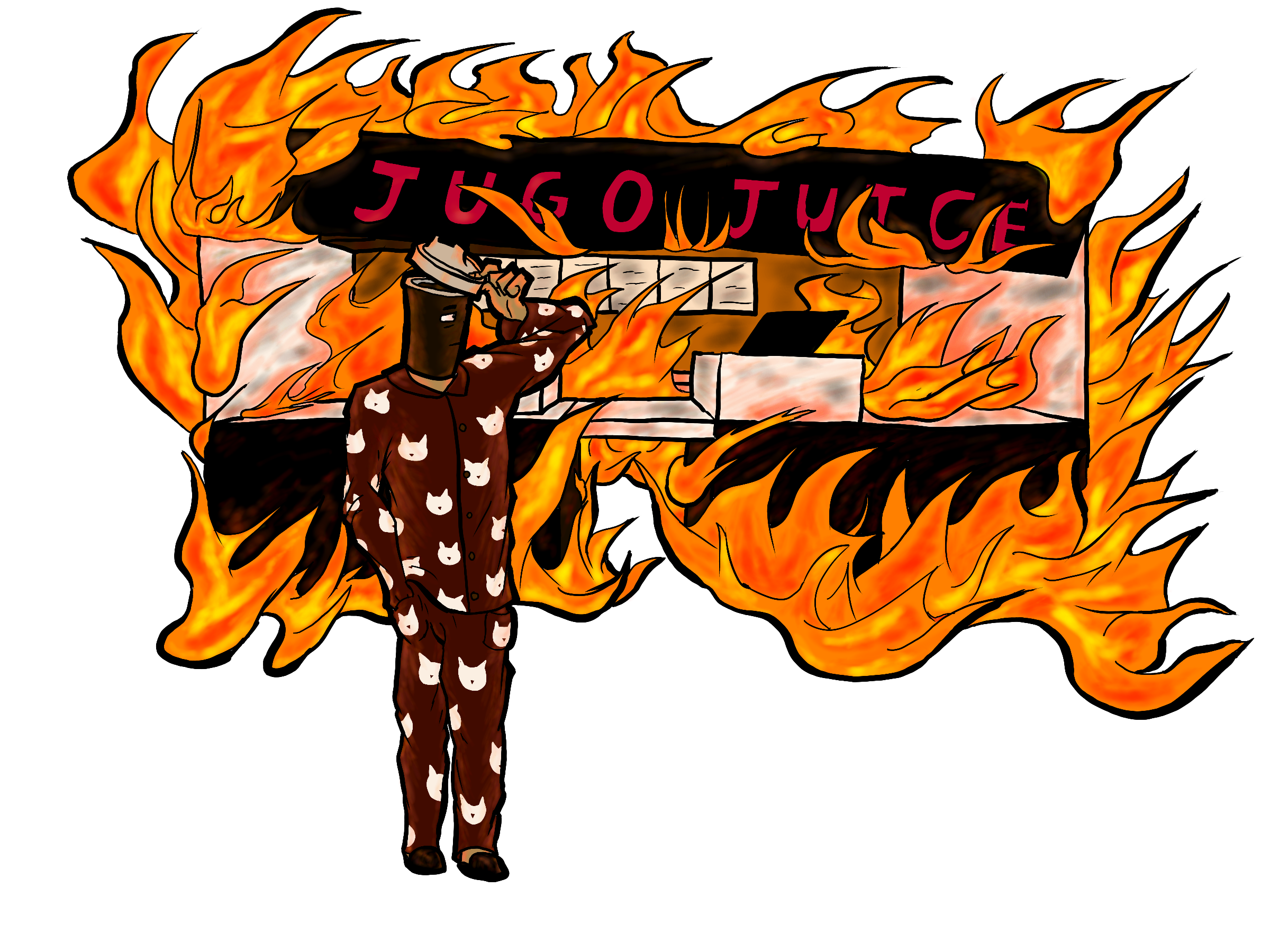 A personified coffee cup wearing Hello Kitty pajamas stands in front of a burning Jugo Juice. He is tipping his coffee lid as a sign of respect, almost remorseful for his actions.