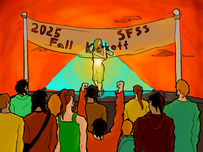 ILLUSTRATION: of Lana Del Rey's hologram (we should make it clear that it's a hologram make her body see-through if that makes sense). She should be on a stage that says 2025 SFSS Fall Kickoff. Below the stage are the backs of many students.