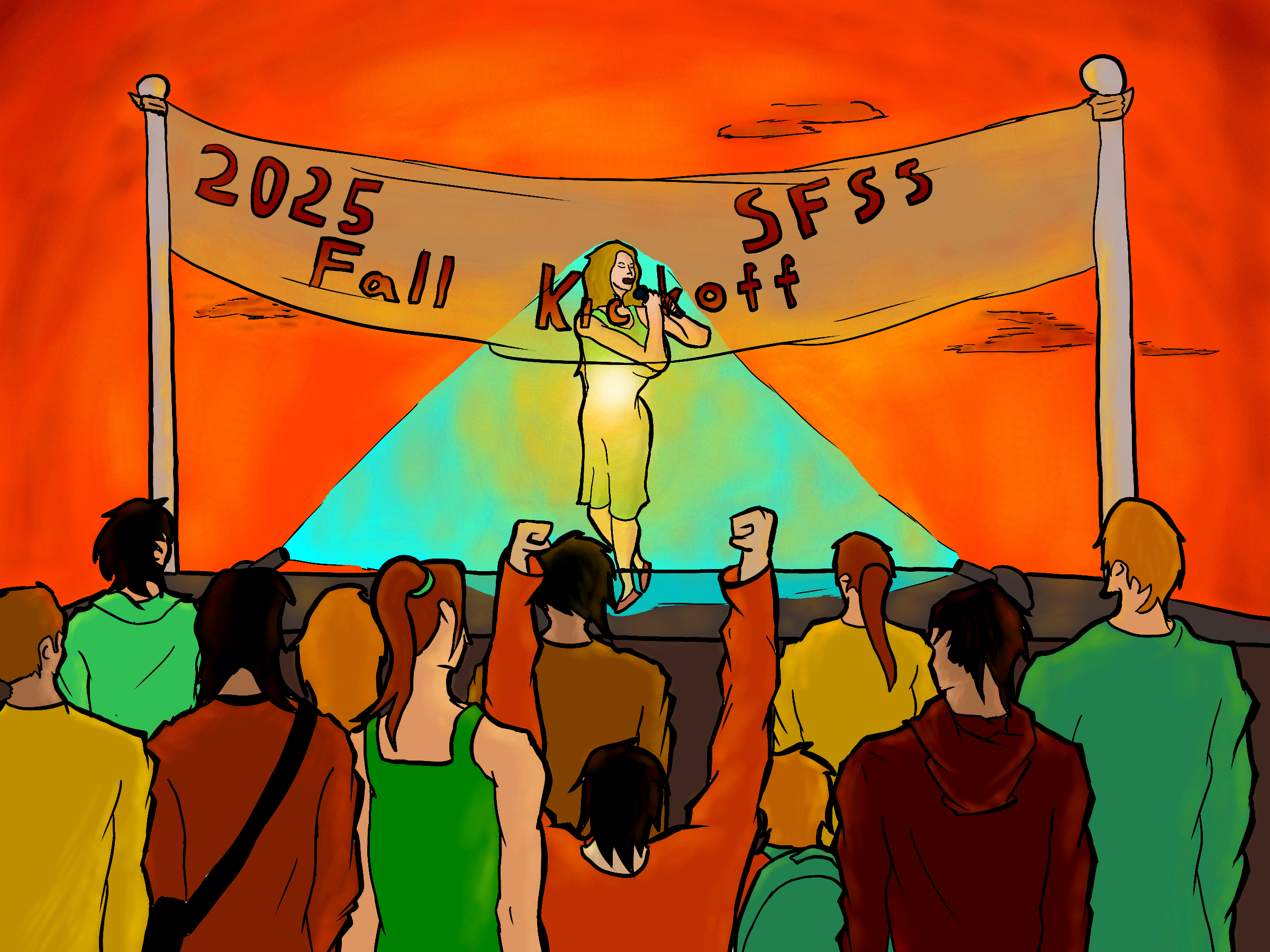 ILLUSTRATION: of Lana Del Rey's hologram (we should make it clear that it's a hologram make her body see-through if that makes sense). She should be on a stage that says 2025 SFSS Fall Kickoff. Below the stage are the backs of many students.