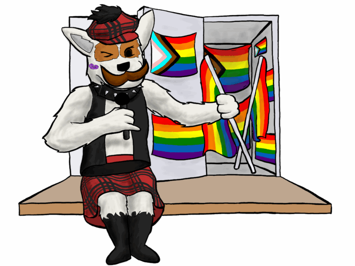 McFogg the Dog sitting outside of a closet with pride flags around him. He is holding a microphone.
