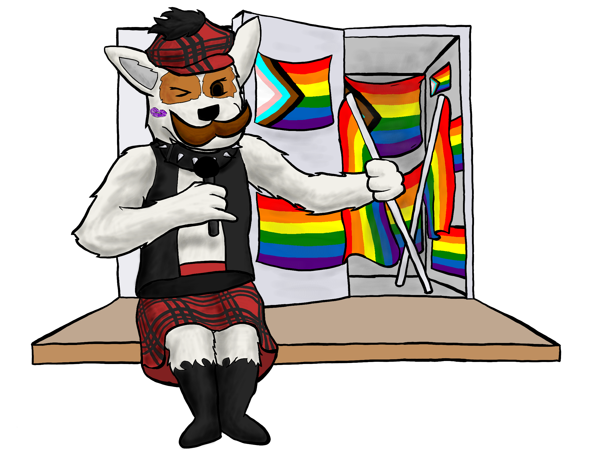 McFogg the Dog sitting outside of a closet with pride flags around him. He is holding a microphone.