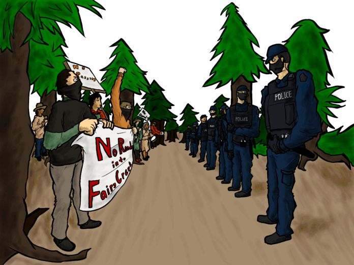 yantingleung - viffprotest This is an illustration of the Fairy Creek protests showing protestors standing face to face against the police