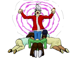 A picture of a student with rays emitting from his body. Students are bowing down at his feet.