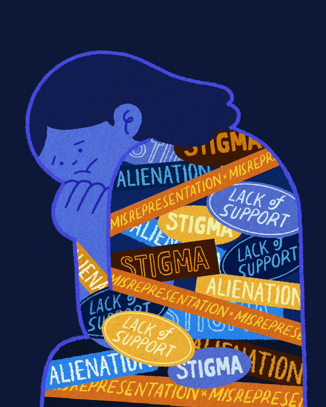 An illustration of a person sitting with their hand beneath their chin. They are covered in label stickers. The label stickers have the following written across them: “stigma”, “misrepresentation”, “lack of support”, and “alienation”.