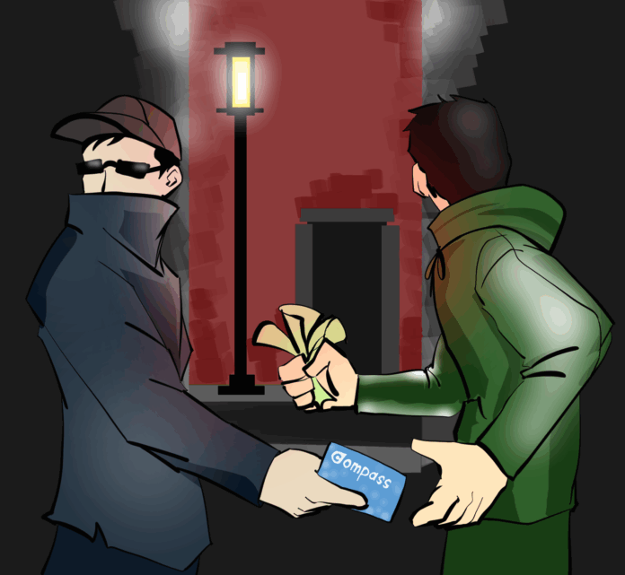 Two individuals in an alley. They are exchanging a compass card for a wad of cash.