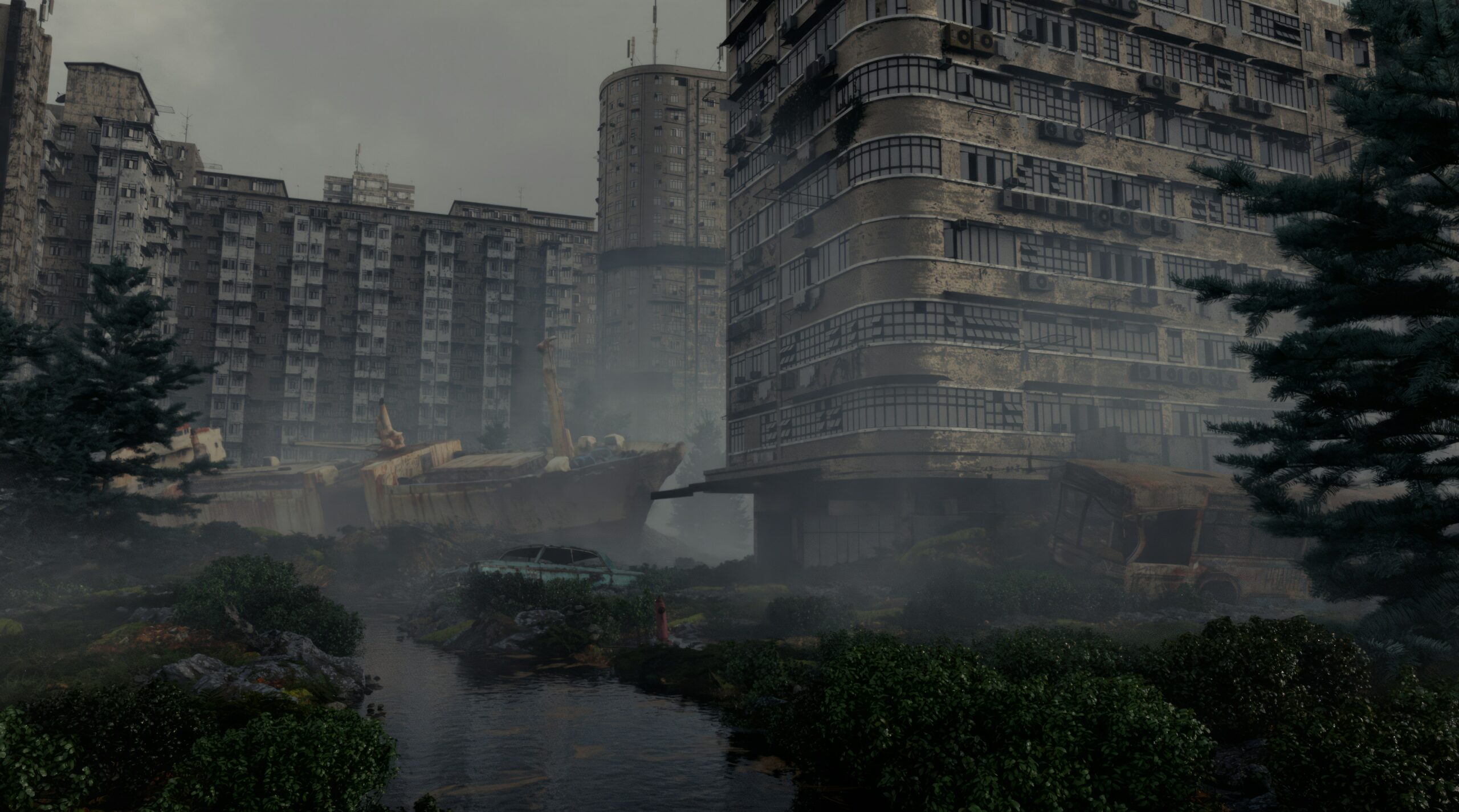 A photo of a city, with decay all around. There are buildings that have slightly deteriorated. Along with a rusty ship that is situated on the ground. The scene is bleak.