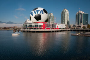 A beautiful look over Vancouver’s waterfront. However, instead of the usual ball of Science World, it has been replaced with a . . . soccer ball?! The soccer ball reads the word “FIFA” on the top.