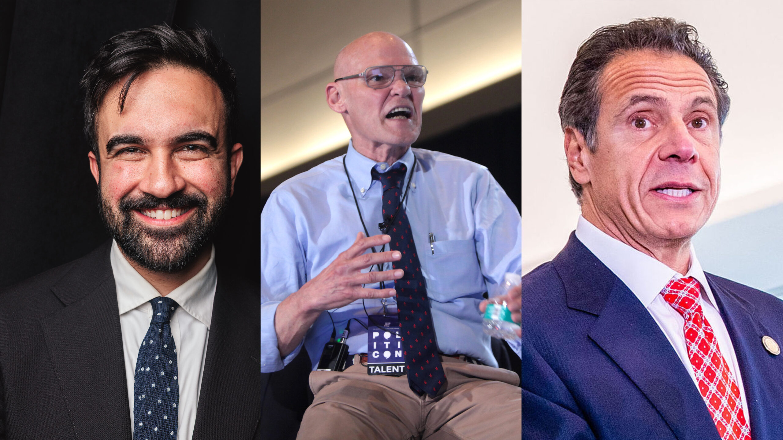 Three photos in a composite format. Zohran Mamdani, Andrew Cuomo, and James Carville.
