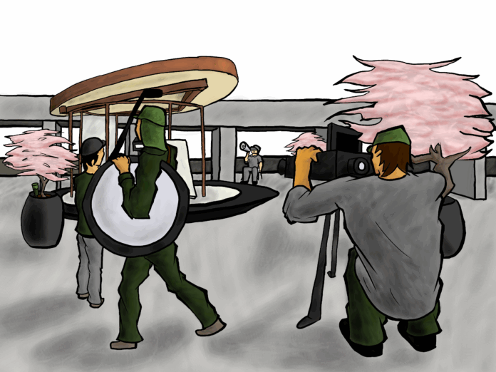 This is an illustration of a filming sequence near the SFU convocation mall