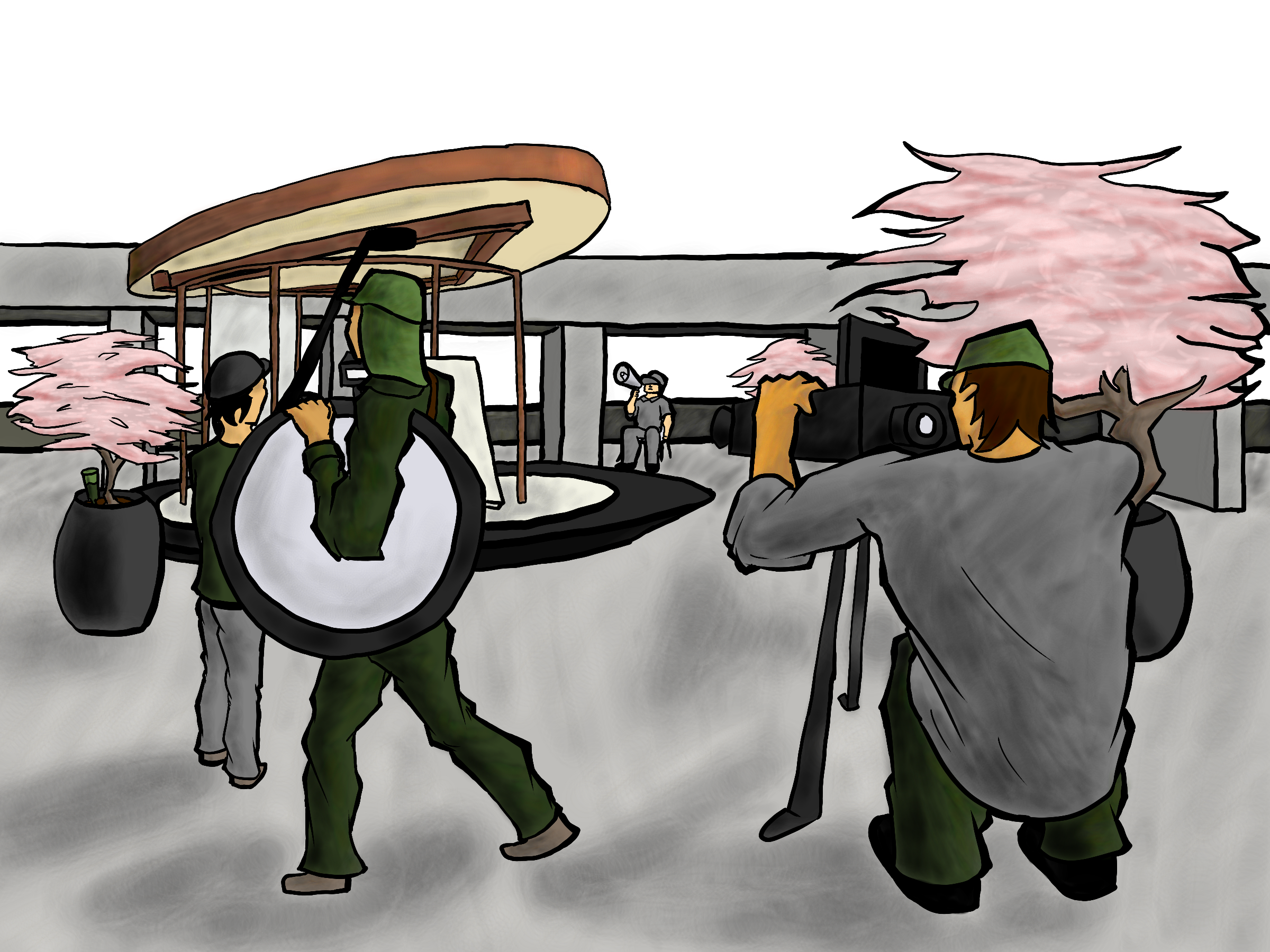 This is an illustration of a filming sequence near the SFU convocation mall