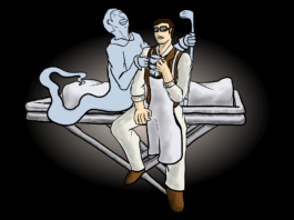 A ghost sharing a cup of java with a mortician. The ghost is not ominous, but is instead friendly.