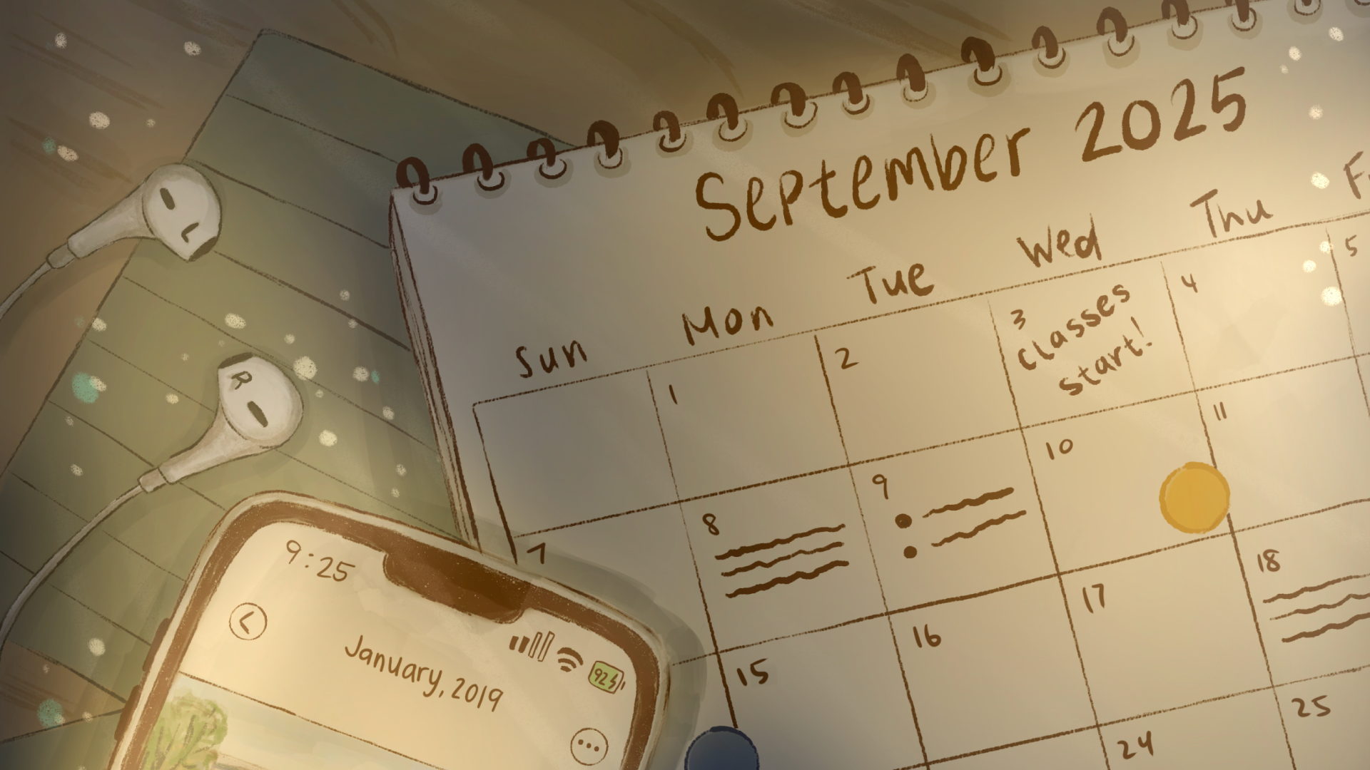 An illustration of a calendar in a planner open to September 2025. A phone is resting on top of the calendar open to the photo app with the date “January 2019” written.