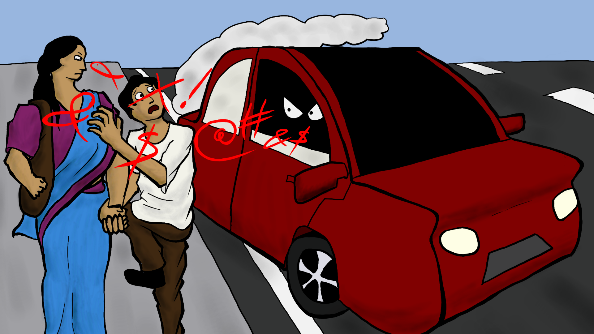 A boy holding his mother's hand as they walk down a street. A car driving by, with the window rolled down. The person in the back seat of the car spews hate speech that is showcased through typographical symbols.