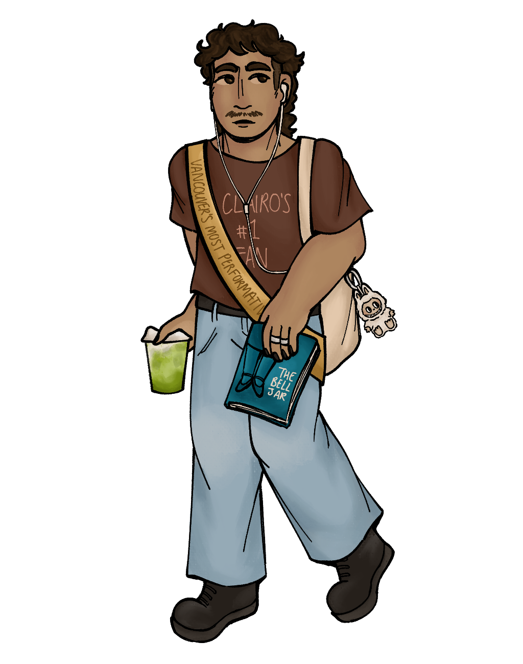 A dude carrying a tote bag, holding an iced matcha latte and the bell jar book in another hand. He is wearing basic jeans and a Tshirt that says "Clairo #1 Fan," and a sache hanging around his neck says "Vancouver's most performative man."
