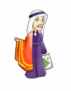 A white woman wearing all sorts of different cultural attire, holding a map in her pocket.