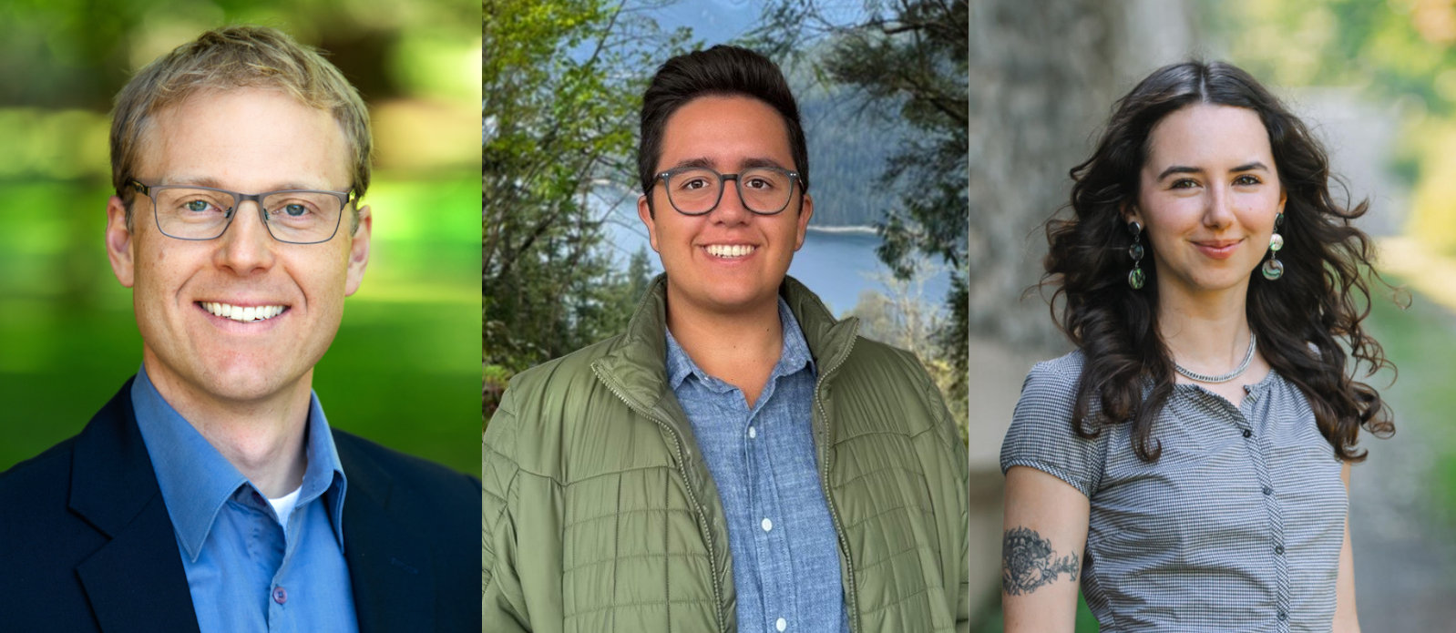 This is a photo of all three candidates’ headshots side-by-side. From left to right: Bremner-Akins has short blonde hair, wears square glasses, and a blazer with a blue button up shirt; Kerr has short, dark brown hair, wears rounded glasses, and has a blue button-up shirt on with a thin, light green puffer jacket on; and Lowan has medium-length dark brown curly hair, long circular earrings, and a button up short sleeve shirt. All three photos are green and/or have nature in the background.