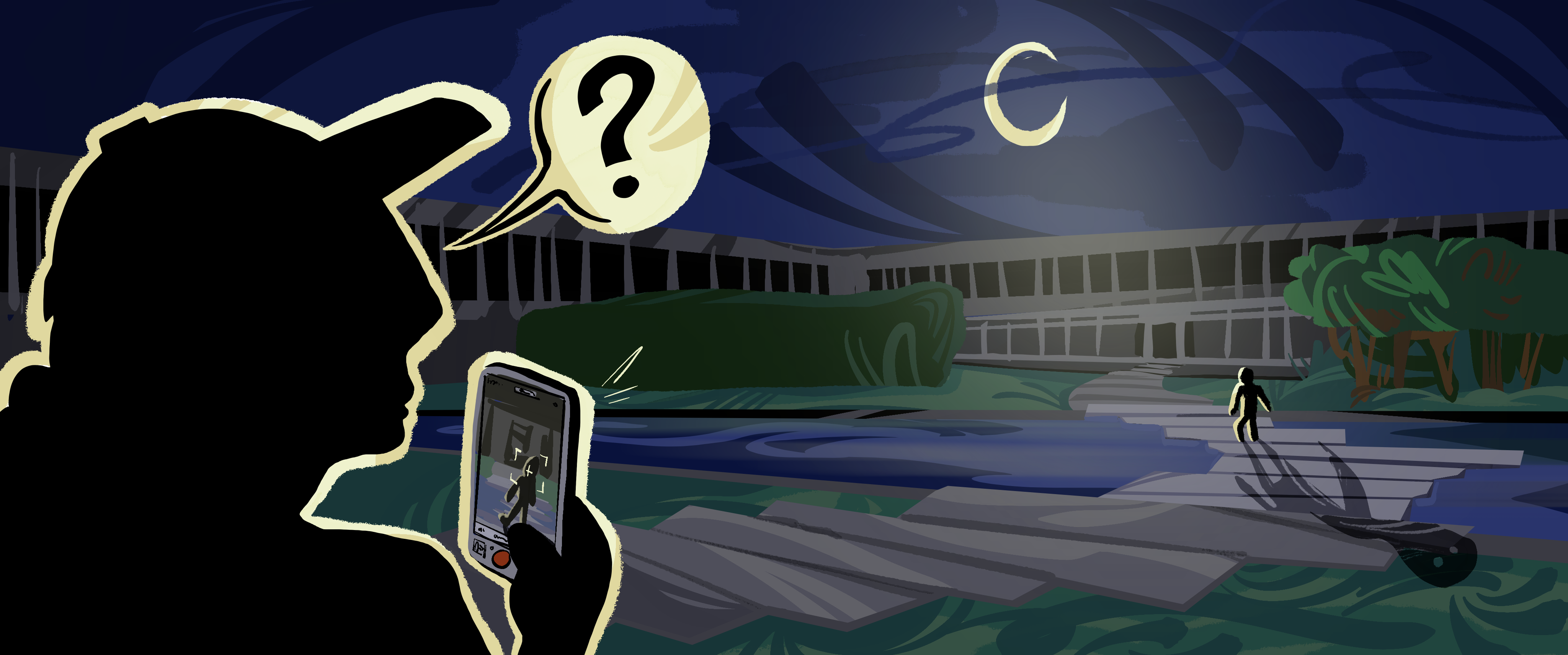 The AQ pond at night, a shadowy figure walking away from the viewer. An observer is holding a cellphone, filming them.