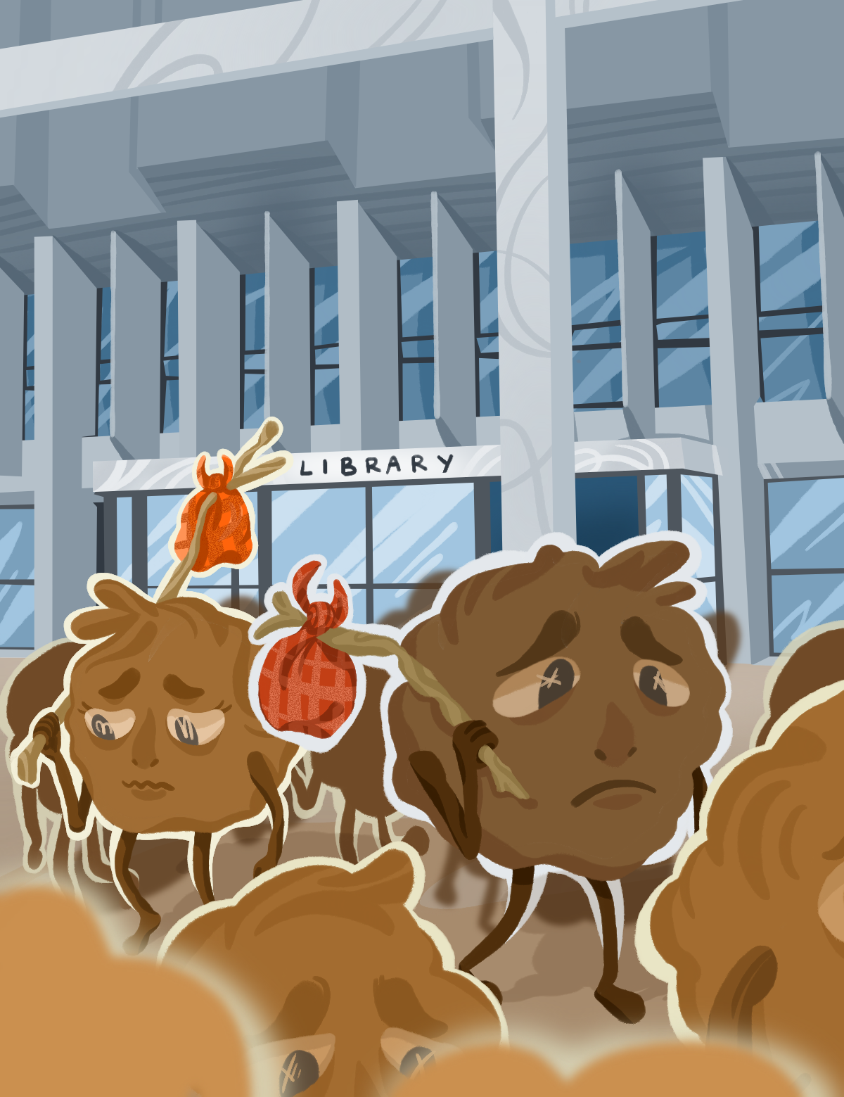 Cartoon asbestos particles (little brown specks with googly eyes) walking away from the SFU library building with a bindle upon their shoulders. They have a look of desperation upon their faces.