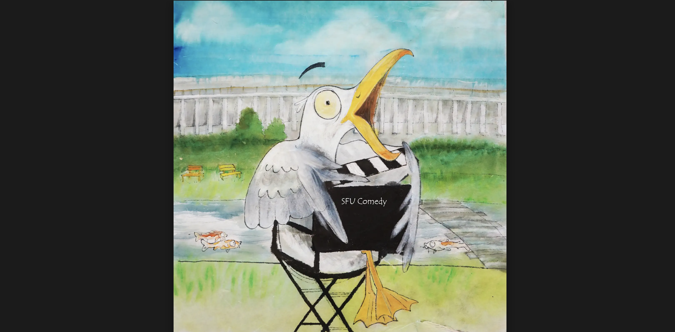 A seagull sitting in front of the koi pond. He’s holding a director’s clapper.