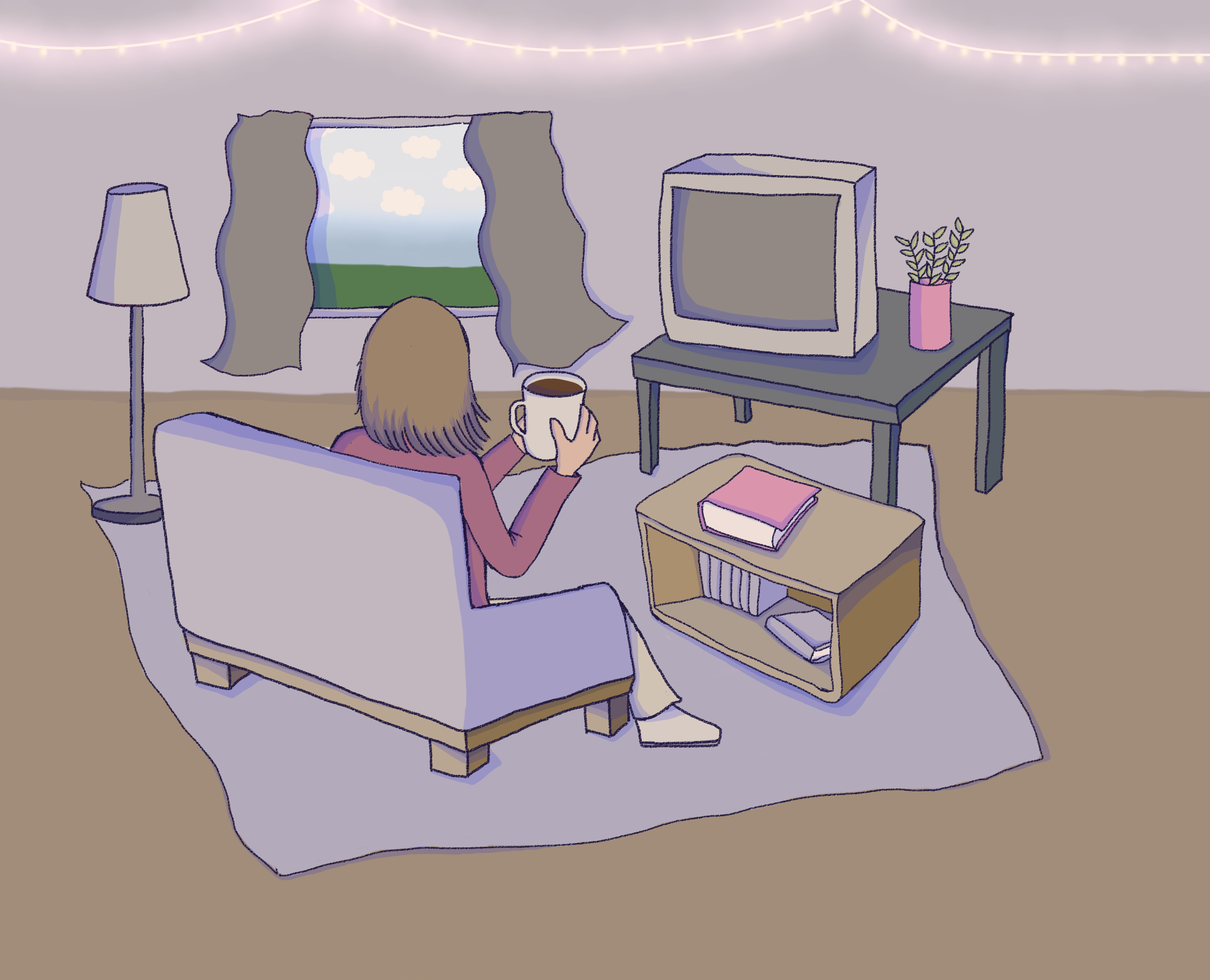 a person sitting on a couch in the living room, with a mug in their hand. They’re watching the television. They’re relaxed, and the setting is cozy.