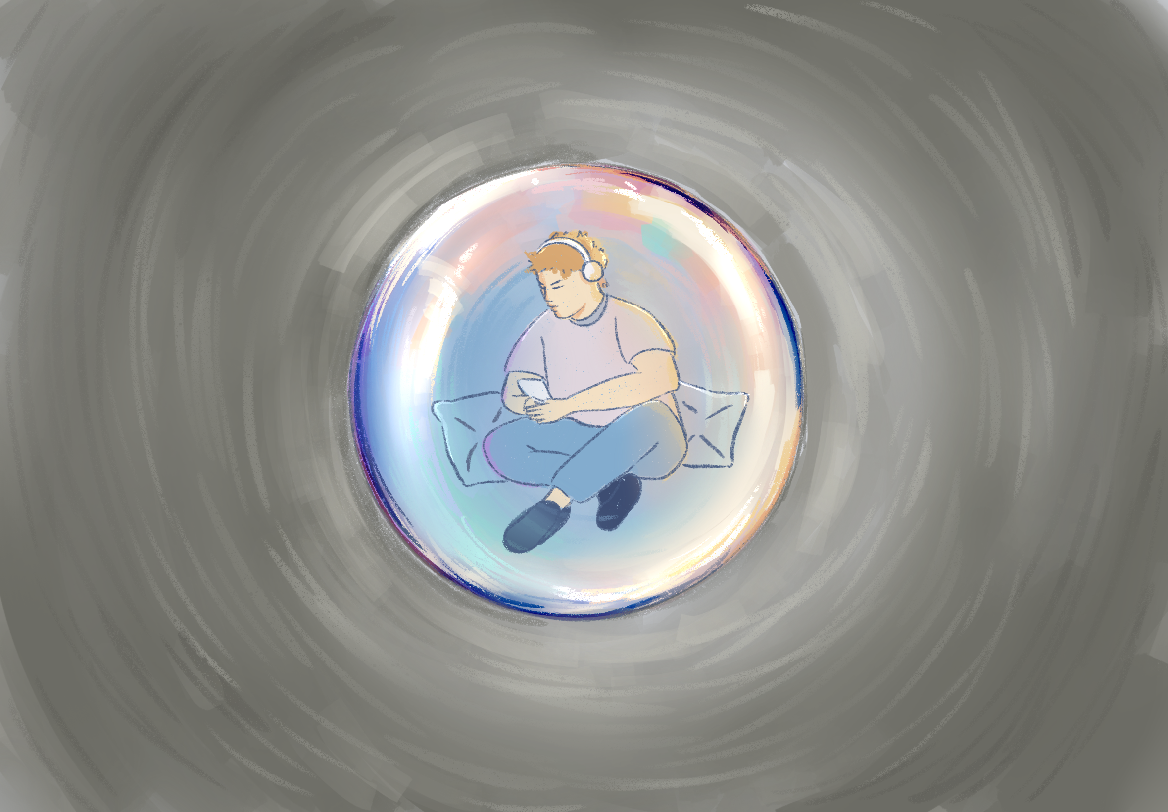 a person sitting inside of a colourful floating bubble, scrolling on their phone, using their headphones. There are two pillows behind them. Outside of the bubble is grey and bleak.