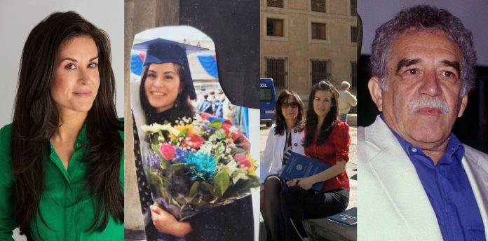 A collage of four photos: Maria Marraza’s professional headshot, a cut-out photo of Barazza in her grad uniform holding flowers after graduating SFU, a photo of Barraza holding her degree in front of the university of Salamanca, and a photo of author Gabriel García Márquez