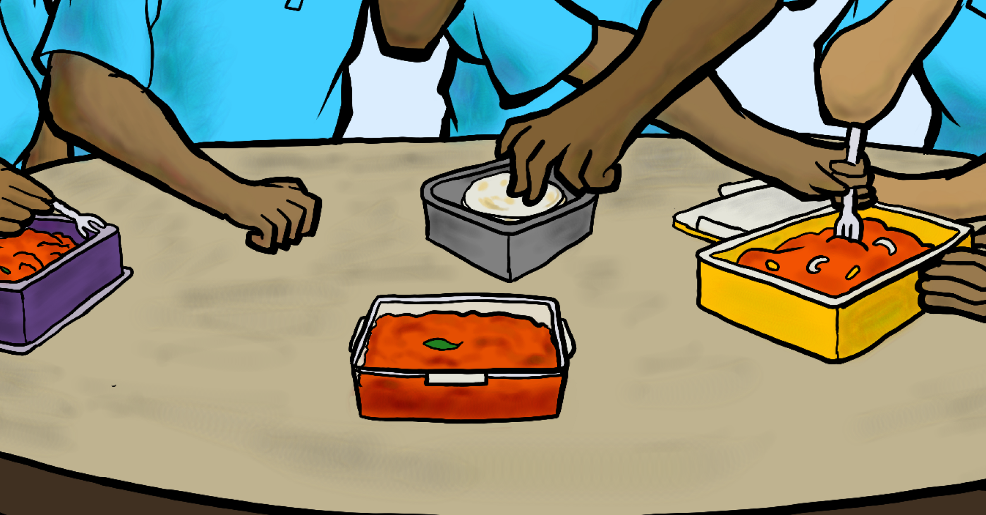 An illustration of a closeup of a group of cleaning workers gathered at a table sharing Indian dishes.