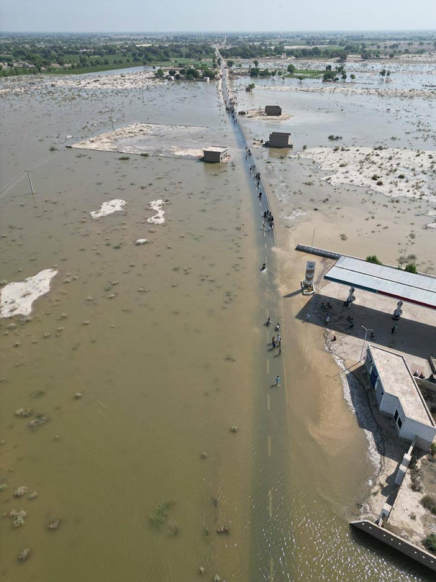 This is a birds-eye-view photo of flooding in Punjab, where farmland and a road are completely submerged in water, barely peaking through.
