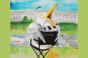 A seagull sitting in front of the koi pond. He’s holding a director’s clapper.