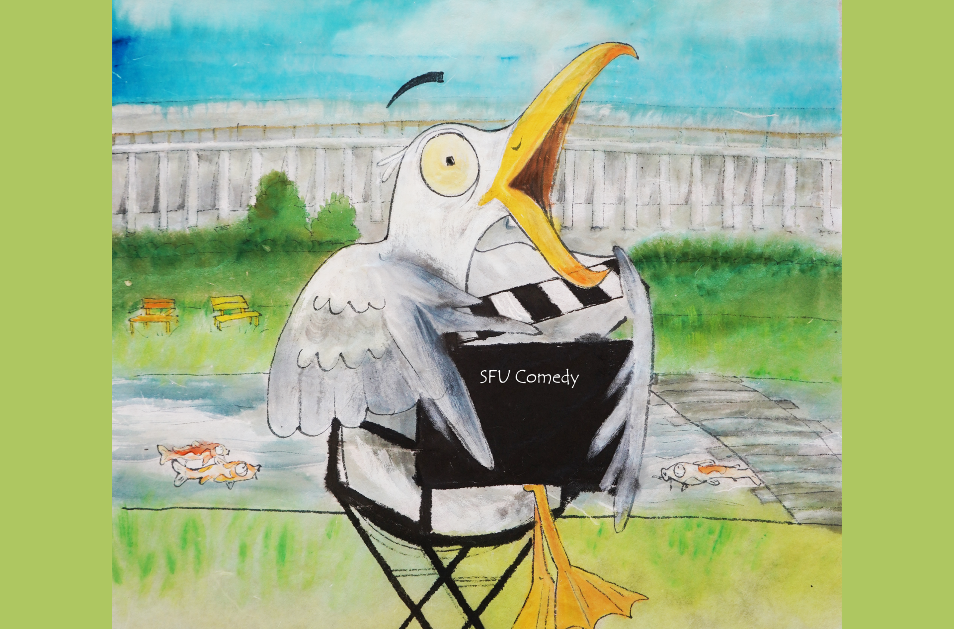 A seagull sitting in front of the koi pond. He’s holding a director’s clapper.