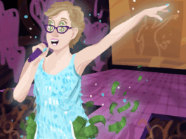 SFU president Joy Johnson in a stunning sequin dress, extending her arm into the air. Falling from her pockets are wads of cash. The crowd is cheering for more!