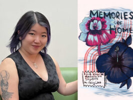 A headshot of Kelly Chia, next to the cover of her zine, which has beautiful purple pastel flowers.