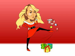 Mariah Carey, with enlarged cheeks due to her plastic surgery, kicking Christmas decorations in the air.