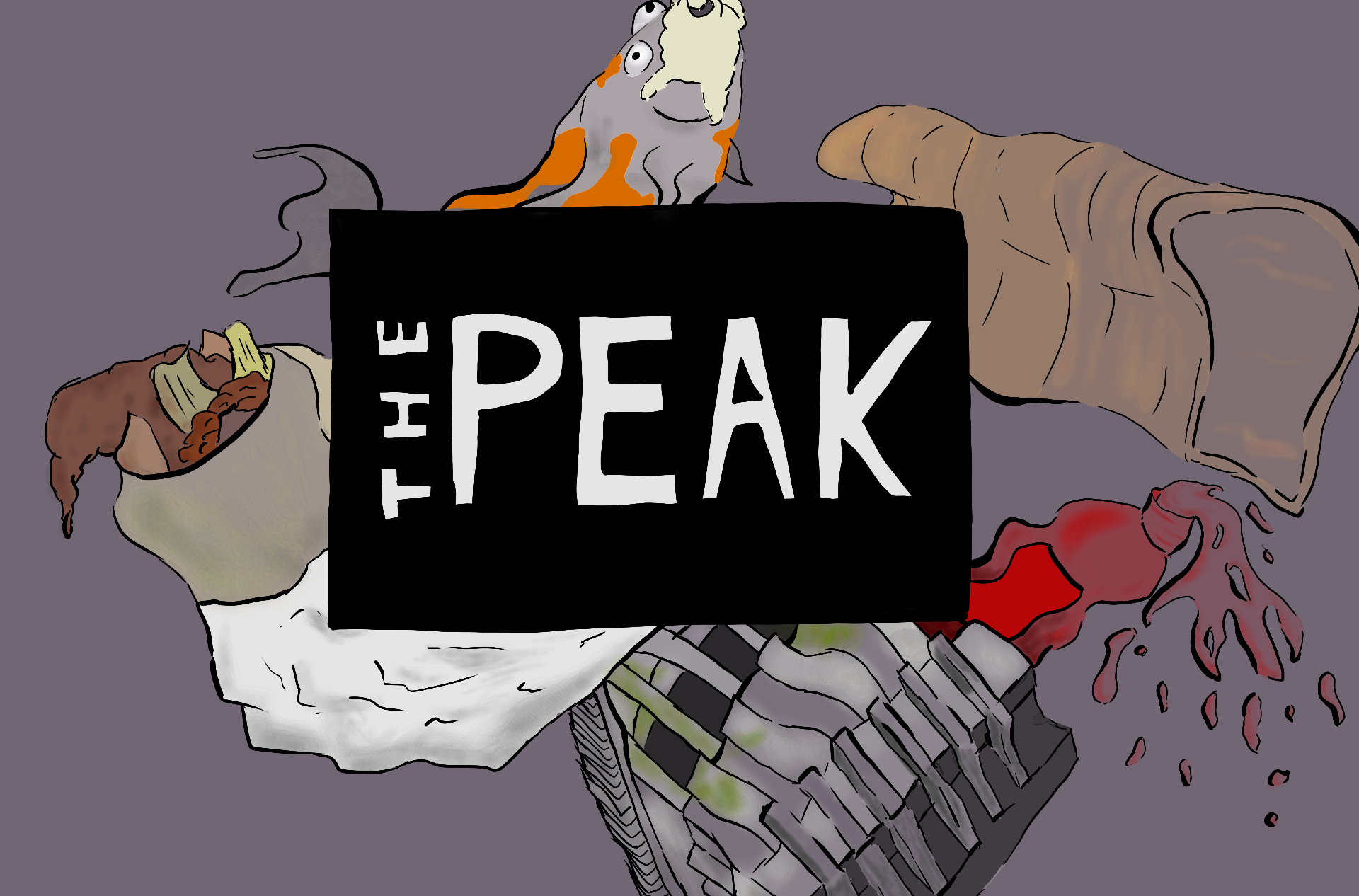 A remixed image of bread, a seal, and other funny items surrounding The Peak logo.