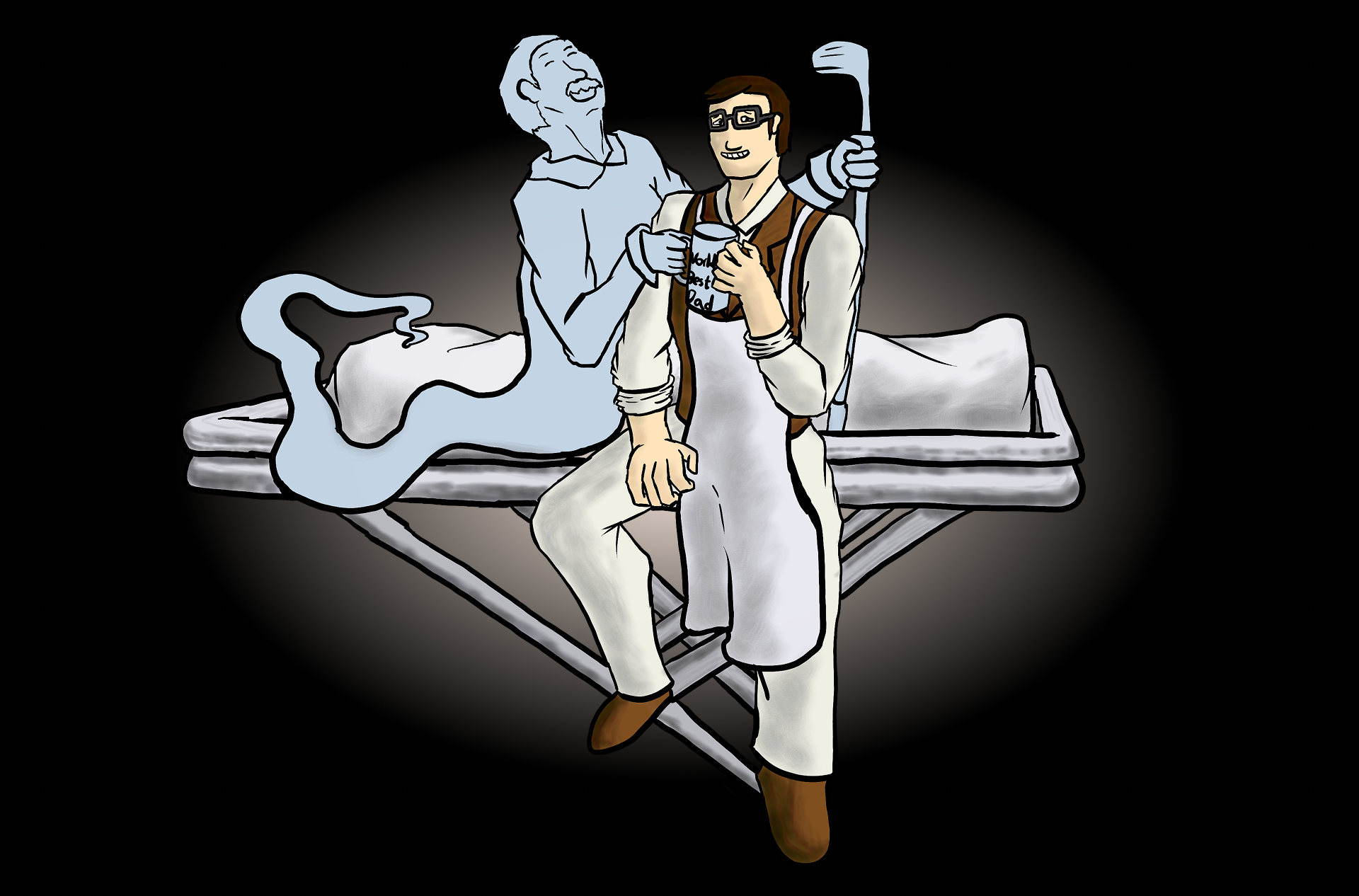 A ghost sharing a cup of java with a mortician. The ghost is not ominous, but is instead friendly.