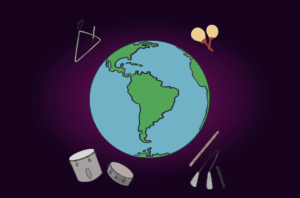 An Earth globe, with a focus on Latin America. There are floating musical instruments around the globe. With a deep purple background.