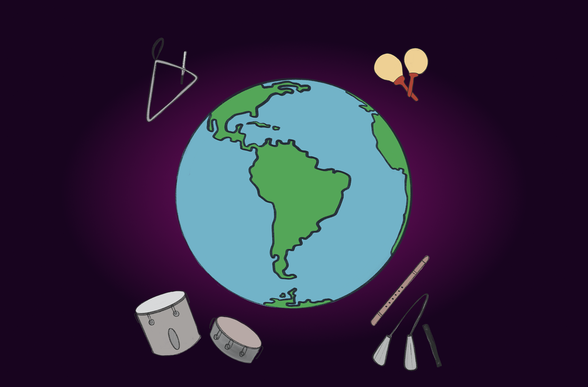 An Earth globe, with a focus on Latin America. There are floating musical instruments around the globe. With a deep purple background.