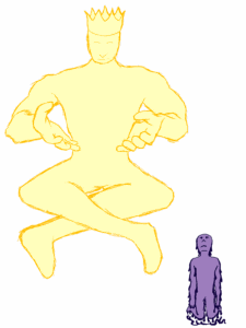 A small figure looks despairing at a yellow giant figure with a crown. The figure is a metaphor for the unachievable standard the figure projects onto himself.