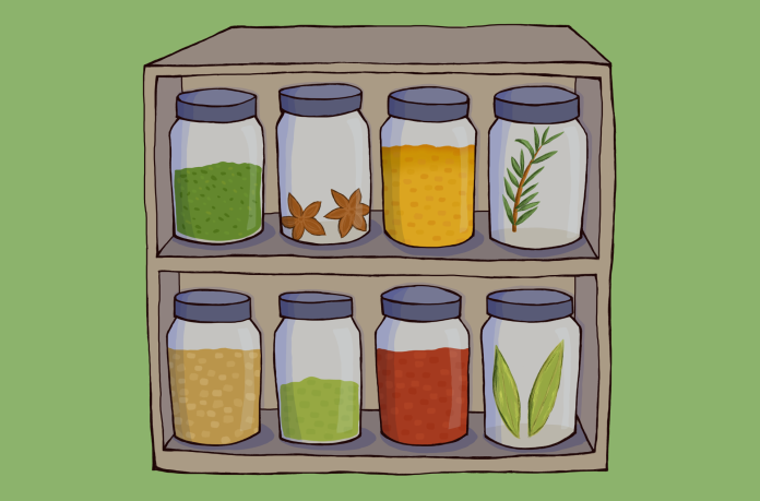 An illustration of a rack of spices in jars.