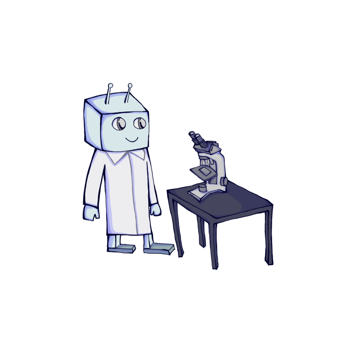 a robot, dressed in a lab coat, and standing next to a table with a microscope on top of it.
