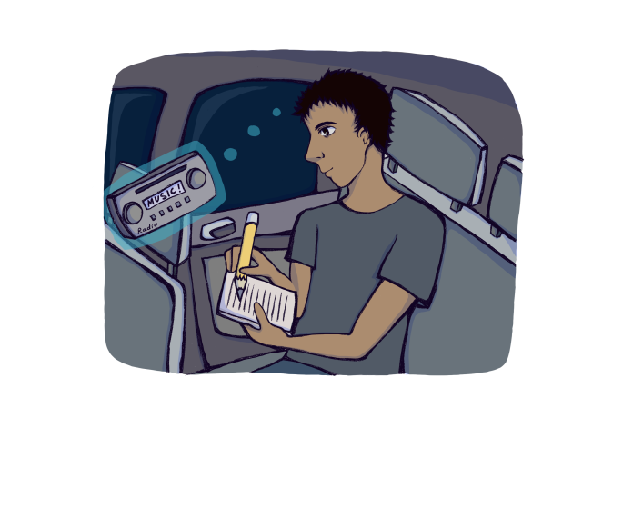 A man sitting in the back seat of a car, writing song lyrics in a notepad.