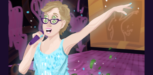 The life of an SFU president SFU president Joy Johnson in a stunning sequin dress, extending her arm into the air. Falling from her pockets are wads of cash. The crowd is cheering for more!