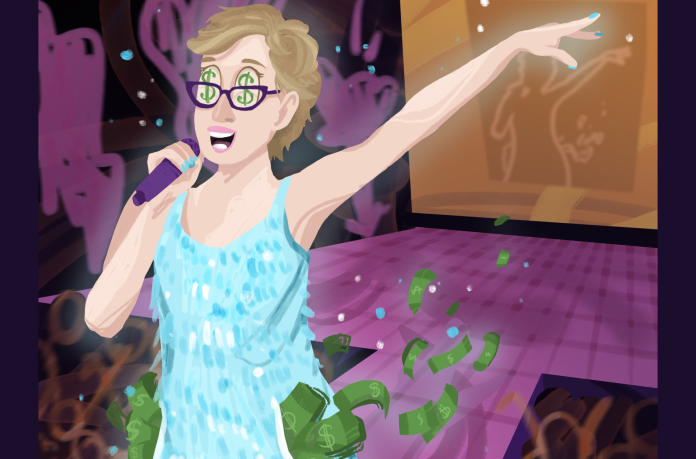 SFU president Joy Johnson in a stunning sequin dress, extending her arm into the air. Falling from her pockets are wads of cash. The crowd is cheering for more!