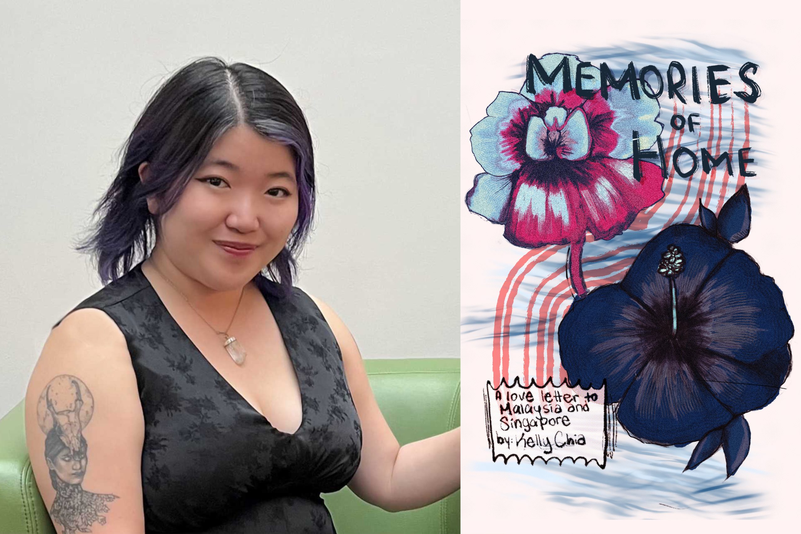 A headshot of Kelly Chia, next to the cover of her zine, which has beautiful purple pastel flowers.