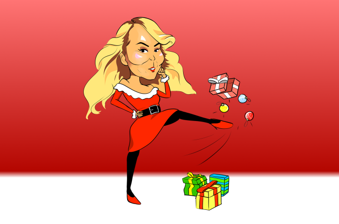 Mariah Carey, with enlarged cheeks due to her plastic surgery, kicking Christmas decorations in the air.