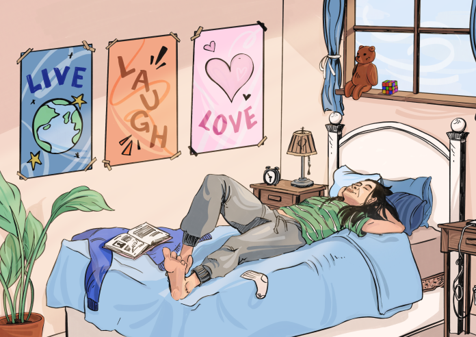 a girl lying down on her bed, in a room that is slightly messy. There are three posters on the wall that read: live, laugh, love.