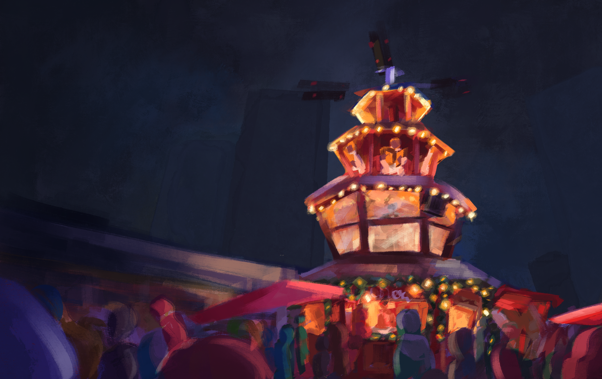 An illustration of the Christmas market in downtown Vancouver. The illustration showcases a festive scene, with blurry subjects. The scene is set at night-time.