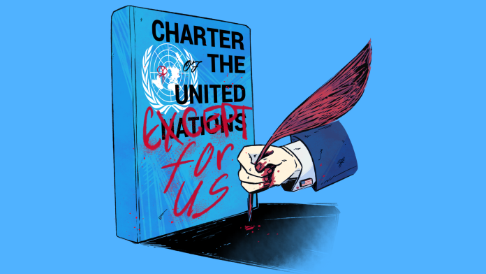 A thick, authoritative-looking book titled The Charter of the United Nations, with the official UN emblem on the cover. There is a person’s hand (the person is wearing a suit,) that has written "Except for us” on the book’s cover with blood. The cuff link on the suit’s sleeve displays the American flag.