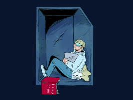 An illustration of a person sleeping in the SUB cubicle with a mask covering their eyes. A book is hanging over the eds of the cubicle and they have a bunny pillow next to them.