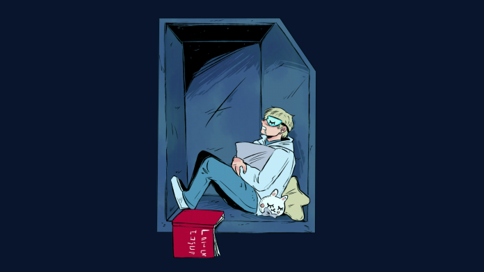 An illustration of a person sleeping in the SUB cubicle with a mask covering their eyes. A book is hanging over the eds of the cubicle and they have a bunny pillow next to them.